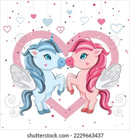 Cute caricatura de Unicornios en un fondo de corazones. Dos unicornios Cute Cartoon con cuerno de color para impresiones de diseño, afiches y tarjetas. Diseño de unicornio para niños.