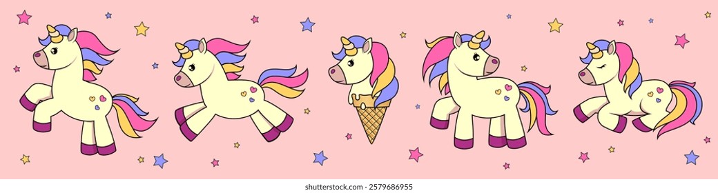 Cute cartoon unicorns with rainbow manes and tails on a pastel pink background. The playful design is bright and whimsical, perfect for children's themes or festive decor