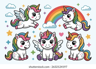 Cute cartoon unicorns with rainbow, stars, clouds, and magical elements in various poses