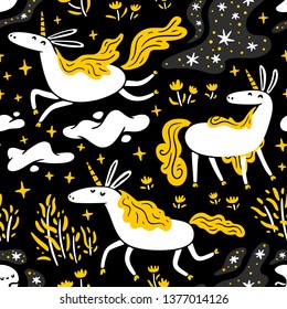Cute cartoon unicorns seamless pattern with white and yellow stars, crescent, clouds and flowers on black backgorund. Flat style vector design for apparel, textile or wrappings.