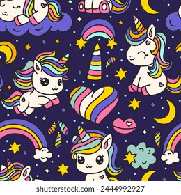 Cute Cartoon Unicorns Seamless Pattern. Unicorn Animal And Rainbow. Kids Birthday And Baby Shower Love Vector