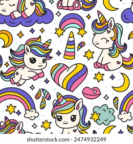 Cute Cartoon Unicorns Seamless Pattern. Unicorn Animal And Rainbow. Kids Birthday And Baby Shower Love Vector