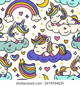 Lindo Unicornios de dibujos animados sin patrón. Unicornio Animal durmiendo en una nube y arco iris. Vector De Cumpleaños Y Ducha De Bebé Para Niños