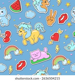 Cute Cartoon Unicorns Seamless Pattern. Unicorn And Rainbow. Can and red lips. Cherry and heart funny Kids Birthday And Baby stickers.