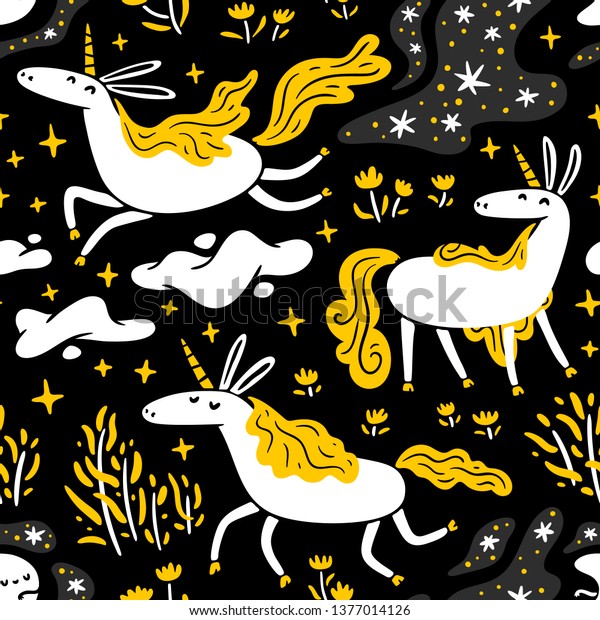 Cute cartoon\
unicorns seamless pattern with white and yellow stars, crescent,\
clouds and flowers on black backgorund. Flat style vector design\
for apparel, textile or\
wrappings.