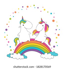 Cute cartoon unicorns sitting on a rainbow. lovely greeting card for lovers. Be my unicorn. LGBTQ colors