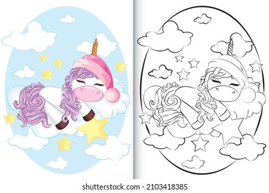 Cute Cartoon Unicorns are sleeping on the cloud. Coloring book for kids.