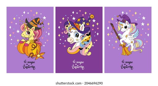 Cute Cartoon Unicorns In Witches Hats. Set Of Vector Illustrations. Posters With Halloween Concept. For Party, Print, Stickers, Wallpaper, Design, Decor, Linen, Dishes, Cards And Kids Apparel