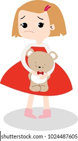 Cute cartoon upset kid holding teddy bear doll,sad character and not satisfied,children activities by freehand draw doodle comic style,people set vector design