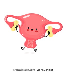 Cute cartoon uterus character exercising with weights in a vibrant illustration of health and wellness