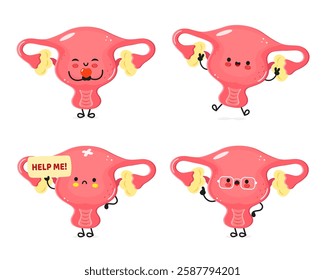 Cute cartoon Uterus characters with different emotions and expressions