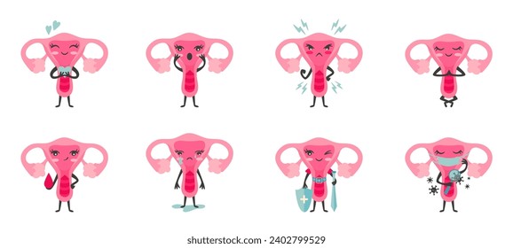 Cute cartoon uterus characters various emotions. Female reproductive organ, gynecology problems and health. Neoteric vector period icons design