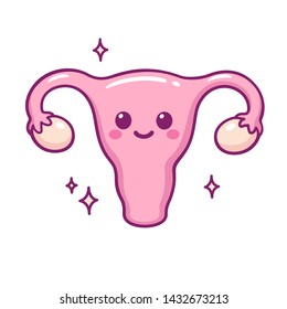 Cute cartoon uterus doodle with funny smiling face. Hand drawn kawaii vector illustration.