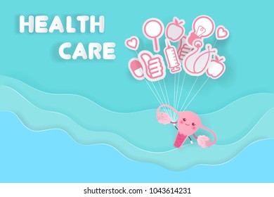 cute cartoon uterus with health care on the blue background