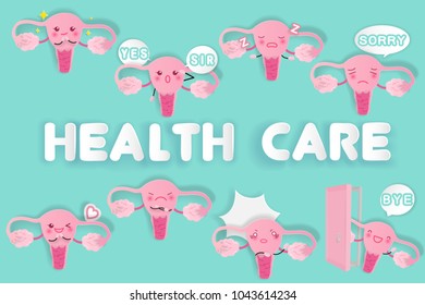 cute cartoon uterus with health care on the green background