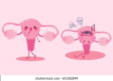 cute cartoon uterus with health problem on pink background