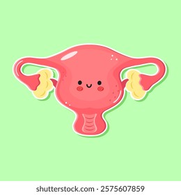 Cute cartoon Uterus illustration with smiling face on green background