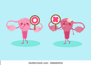 cute cartoon uterus take circle and cross  signs on green background