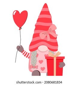 Cute cartoon Valentine gnome girl holding heart balloon and gift box with bow. Vector clipart. Isolated on white background. Design for card, print, poster.