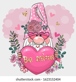 Cute cartoon Valentine gnome with heart and flowers on a white background