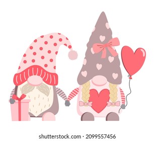 Cute cartoon Valentine gnomes in hats with gift and heart shaped balloon. Vector festive illustration. Isolated on white background.