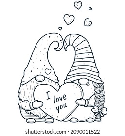 Cute cartoon Valentine gnomes gnomes with hearts for coloring book.Line art design for kids coloring page. Coloring page outline. Adorable couple of valentine gnomes. . Isolated on white background.