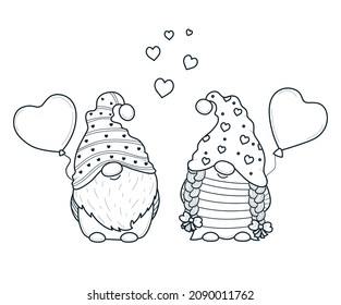 Cute cartoon Valentine gnomes gnomes with hearts for coloring book.Line art design for kids coloring page. Coloring page outline. Adorable couple of valentine gnomes. . Isolated on white background.