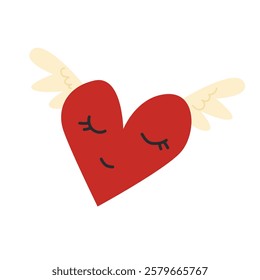 Cute cartoon valentine heart with wings. Vector illustration.