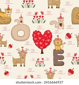 cute cartoon valentine woodland animals love heart seamless pattern vector for invitation greeting birthday party celebration wedding card poster banner textiles wallpaper paper wrap background