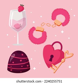 bonitos dibujos animados valentines elementos del día esposas de piel rosa bloqueo del corazón y vidrio de vino clave con cupcake y dulces de chocolate