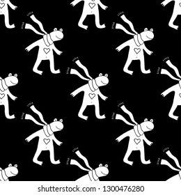 Cute cartoon valentines day print with hand drawn frog in love. Sweet vector black and white valentines day print. Seamless monochrome doodle valentines day print for textile, wrapping and cards.