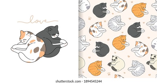 Cute cartoon valentines day sleeping cats seamless pattern