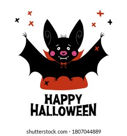 Cute cartoon vampire bat with fangs and red cloak. Doodle cross elements and happy halloween lettering. Halloween greeting card. Isolated on white background. Vector stock illustration.
