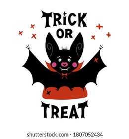 Cute cartoon vampire bat with fangs and red cloak. Doodle cross elements and Trick or treat lettering. Halloween greeting card. Isolated on white background. Vector stock illustration.