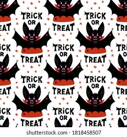 Cute cartoon vampire bat and trick or treat lettering. Halloween seamless pattern. Isolated on a white background. Vector stock illustration.