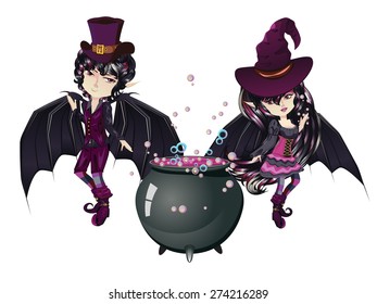 Cute cartoon vampire boy and witch in anime, manga style.