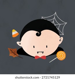 Vampiro lindo de la historieta con el maíz del caramelo, la piruleta, y el Web de la araña. Tema de Halloween con un personaje de vampiro juguetón. Diseño divertido y espeluznante. Lindo vampiro Halloween elemento de diseño Vector.