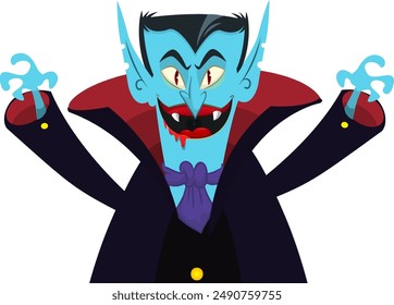 Cute cartoon vampire character with big open mouth, tongue, fangs. Halloween vector illustration. Count Dracula.