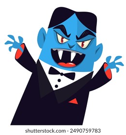 Lindo personaje vampiro de dibujos animados con gran boca abierta, lengua, colmillos agitando las manos.