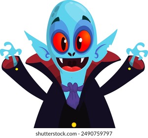 Netter Cartoon Vampir Charakter mit großem offenen Mund, Zunge, Reißzähne. Halloween-Vektorillustration. Graf Dracula.