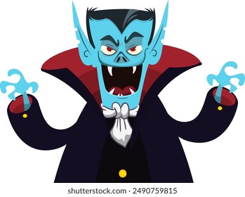 Netter Cartoon Vampir Charakter mit großem offenen Mund, Zunge, Reißzähne. Halloween-Vektorillustration. Graf Dracula.