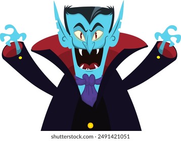 Lindo personaje vampiro de dibujos animados con gran boca abierta, lengua, colmillos. Ilustración vectorial de Halloween. Conde Drácula.