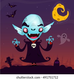 Cute cartoon vampire. Halloween vampire character isolated on dark background with cemetery, ghost and moon. Great for card or poster