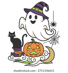 Cute Cartoon Vampire Kid with Pumpkin and Coffin for Halloween