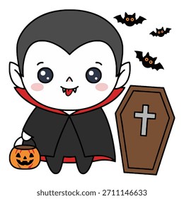 Cute Cartoon Vampire Kid with Pumpkin and Coffin for Halloween