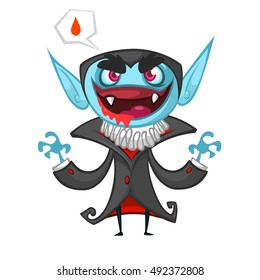 Cute cartoon vampire smiling. Vector illustration with speech bubble