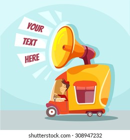 Cute cartoon van with loudspeaker or megaphone and place for your text. Vector illustration