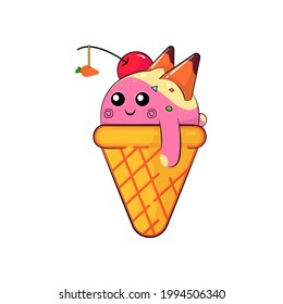 Cute cartoon vanilla berry ice cream with sweets, cherries and carrots in the form of a bunny. A sweet, cold treat in summer. Achievement of the goal. Vector illustration.