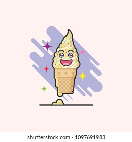 cute cartoon of vanilla flavor ice cream cone on white background with emotion happy face. ice cream line illustration background. creative pastels concept