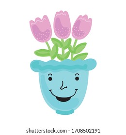 Cute cartoon vase with flowers. Vector illustration